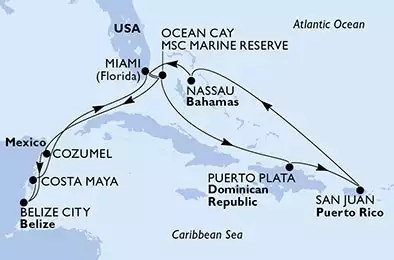 Miami,Ocean Cay,Cozumel,Belize City,Costa Maya,Miami,Ocean Cay,Puerto Plata,San Juan,Nassau,Miami