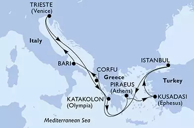 Istanbul,Corfu,Bari,Trieste,Katakolon,Piraeus,Kusadasi,Istanbul