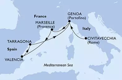 Civitavecchia,Genoa,Marseille,Valencia,Tarragona,Genoa