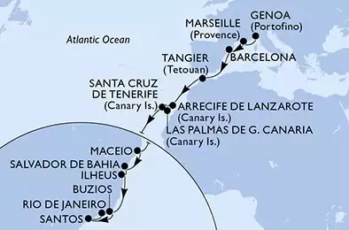 Genoa,Marseille,Barcelona,Tangier,Arrecife de Lanzarote,Las Palmas de G.Canaria,Santa Cruz de Tenerife,Maceio,Salvador,Ilheus,Buzios,Santos,Rio de Janeiro