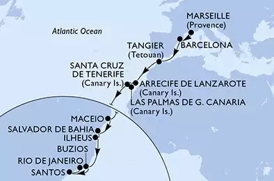 Marseille,Barcelona,Tangier,Arrecife de Lanzarote,Las Palmas de G.Canaria,Santa Cruz de Tenerife,Maceio,Salvador,Ilheus,Buzios,Santos,Rio de Janeiro