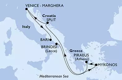 Brindisi,Mykonos,Piraeus,Split,Venice-Marghera,Bari