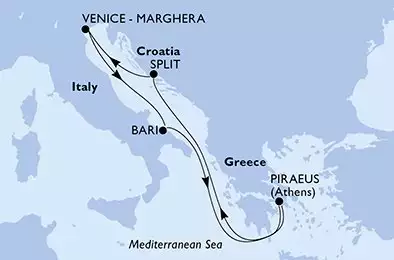 Piraeus,Split,Venice-Marghera,Bari,Piraeus