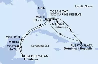 Miami,Nassau,Ocean Cay,Puerto Plata,Miami,Cozumel,Isla de Roatan,Costa Maya,Ocean Cay,Miami