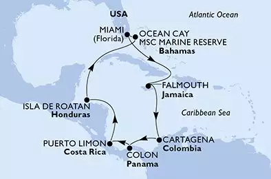 Miami,Falmouth,Cartagena,Colon,Puerto Limon,Isla de Roatan,Ocean Cay,Miami