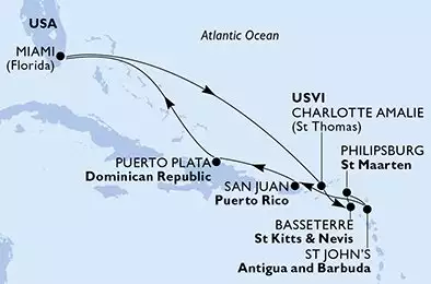 Miami,Charlotte Amalie,Basseterre,Philipsburg,St John s,San Juan,Puerto Plata,Miami