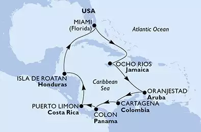 Miami,Ocho Rios,Oranjestad,Cartagena,Colon,Puerto Limon,Isla de Roatan,Miami