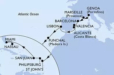 Genoa,Marseille,Barcelona,Valencia,Alicante,Lisbon,Funchal,St John s,Philipsburg,San Juan,Miami,Nassau,Miami