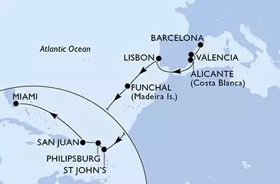 Barcelona,Valencia,Alicante,Lisbon,Funchal,St John s,Philipsburg,San Juan,Miami