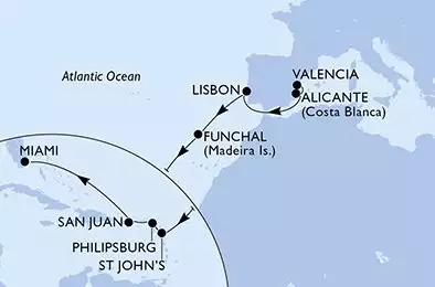 Valencia,Alicante,Lisbon,Funchal,St John s,Philipsburg,San Juan,Miami