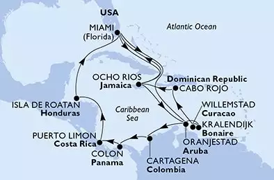 Miami,Ocho Rios,Oranjestad,Cartagena,Colon,Puerto Limon,Isla de Roatan,Miami,Oranjestad,Kralendijk,Willemstad,Cabo Rojo,Ocho Rios,Miami