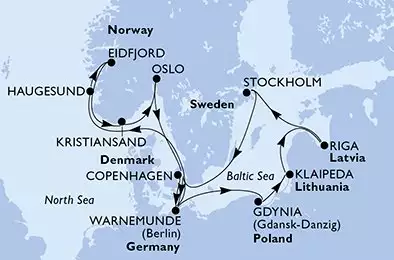 Warnemunde,Gdynia,Klaipeda,Riga,Stockholm,Copenhagen,Warnemunde,Haugesund,Eidfjord,Kristiansand,Oslo,Copenhagen,Warnemunde