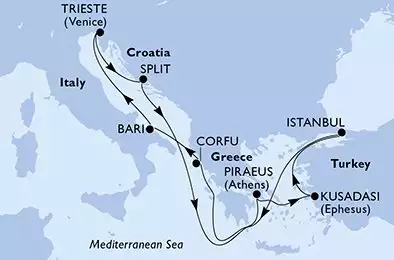 Bari,Trieste,Split,Piraeus,Kusadasi,Istanbul,Corfu,Bari