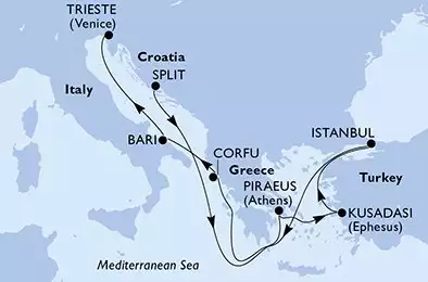 Split,Piraeus,Kusadasi,Istanbul,Corfu,Bari,Trieste