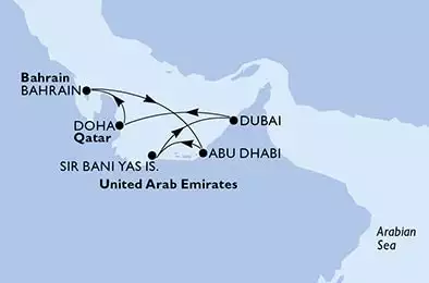 Doha,Bahrain,Abu Dhabi,Sir Bani Yas,Dubai,Dubai,Doha