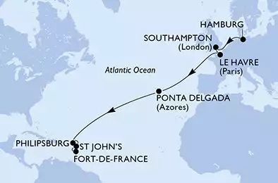 Hamburg,Southampton,Le Havre,Ponta Delgada,Philipsburg,St John s,Fort de France