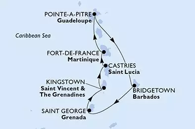 Pointe-a-Pitre,Bridgetown,Saint George,Kingstown,Castries,Fort de France,Pointe-a-Pitre