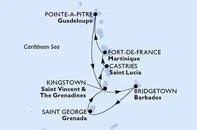 Bridgetown,Saint George,Kingstown,Castries,Fort de France,Pointe-a-Pitre,Kingstown,Bridgetown