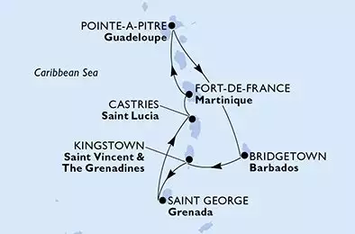 Fort de France,Pointe-a-Pitre,Bridgetown,Kingstown ,Saint George,Castries,Fort de France