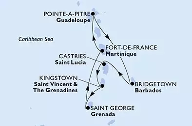 Fort de France,Pointe-a-Pitre,Bridgetown,Castries,Kingstown ,Saint George,Fort de France