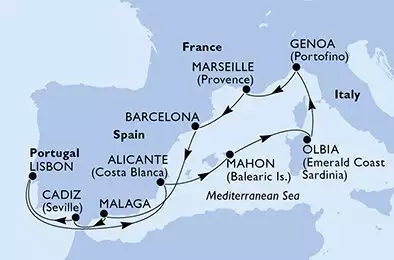 Malaga,Cadiz,Lisbon,Alicante,Mahon,Olbia,Genoa,Marseille,Barcelona,Malaga