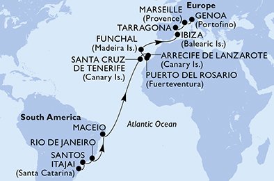 Itajai,Santos,Rio de Janeiro,Maceio,Santa Cruz de Tenerife,Arrecife de Lanzarote,Puerto del Rosario,Funchal,Ibiza,Tarragona,Marseille,Genoa