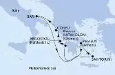 Piraeus,Katakolon,Cefalonia,Corfu,Bari,Santorini,Piraeus